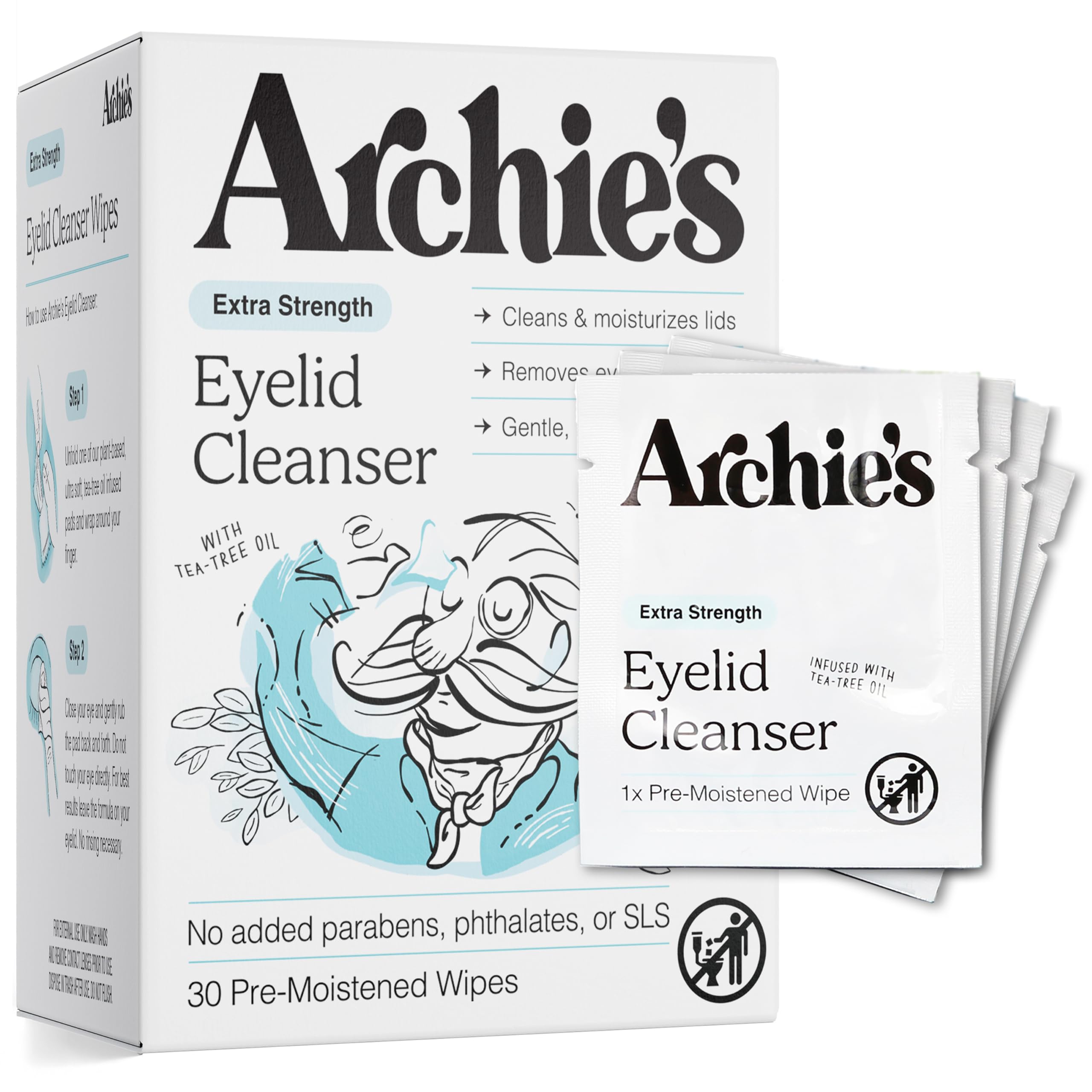 Archie's Remedies, envase frontal de toallitas para parpados, limpieza rápida.