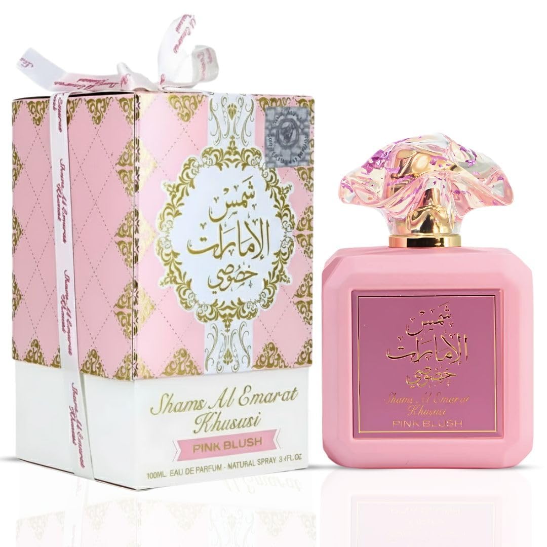 Ard al Zaafaran Pink Blush Shams Al Emarat etiqueta cercana; empaque elegante para regalo