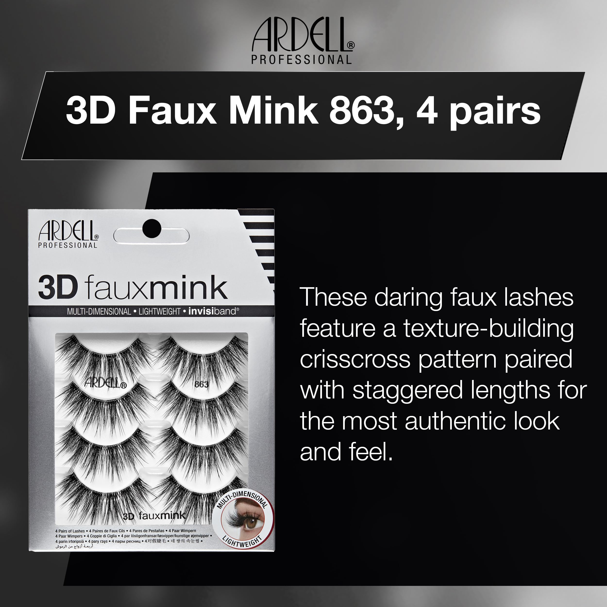 Ardell 3D Faux Mink 863 lashes with a lightweight, flexible band.