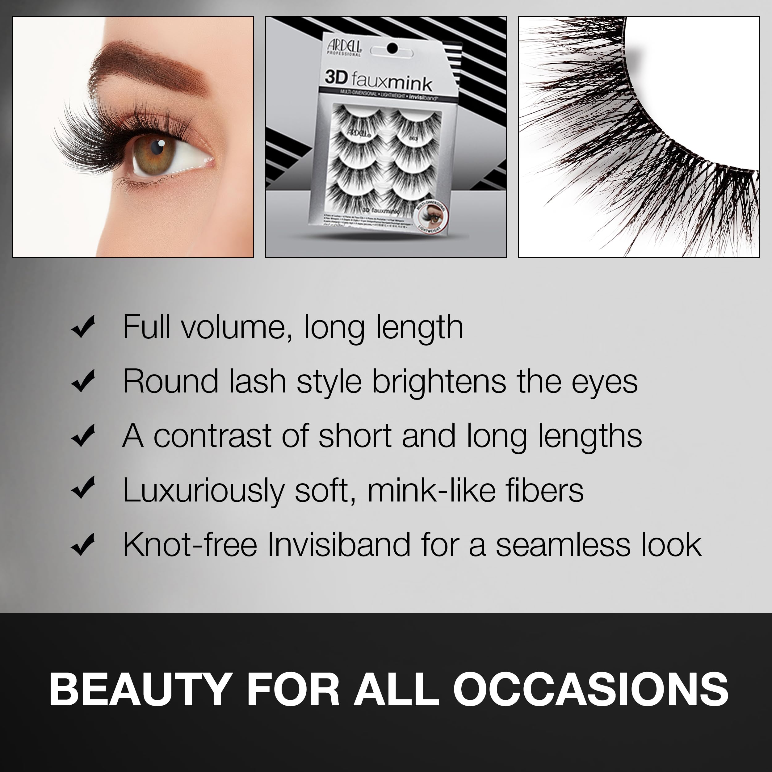 Ardell 3D Faux Mink 863 lashes offering a long-lasting, synthetic glam look.