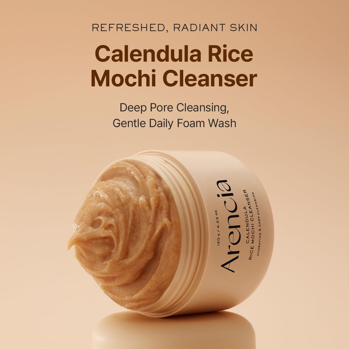 Arencia Calendula Rice Mochi Cleanser: textura cremosa facilita exfoliación suave diaria.