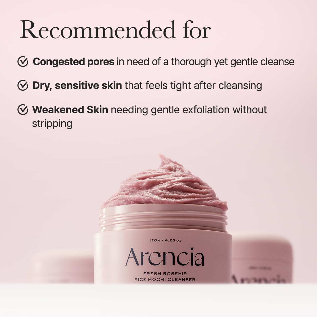 ARENCIA Extraits naturels Rosehip Riz Mochi : soutiennent l’hydratation et la barrière cutanée.