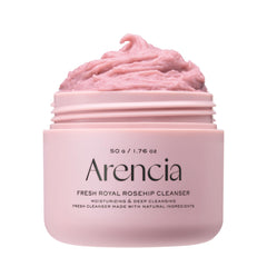 ARENCIA Rosehip Brightening Rice Mochi, botella vertiendo, limpieza suave y purificante.