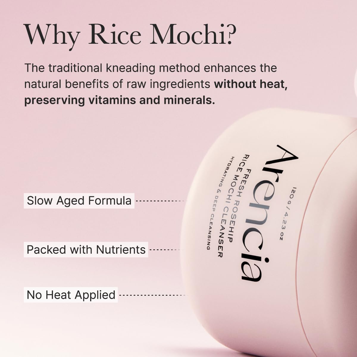 ARENCIA Rosehip Brightening Rice Mochi: envase compacto, perfecto para viaje.