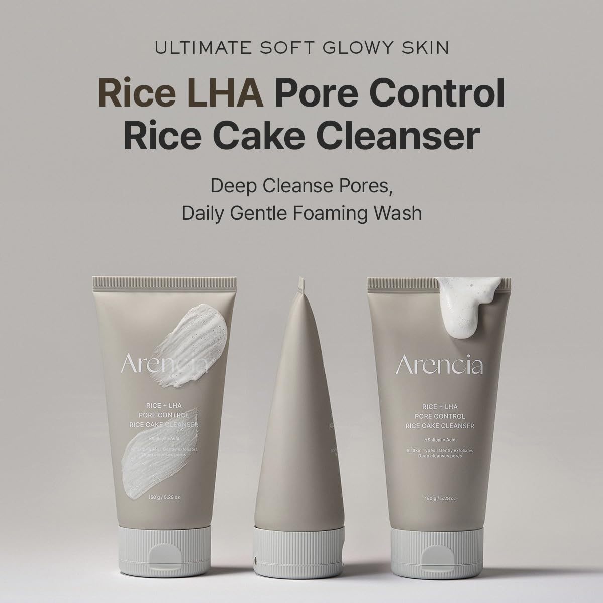 ARENCIA: textura pastel-arroz LHA para exfoliación suave diaria.