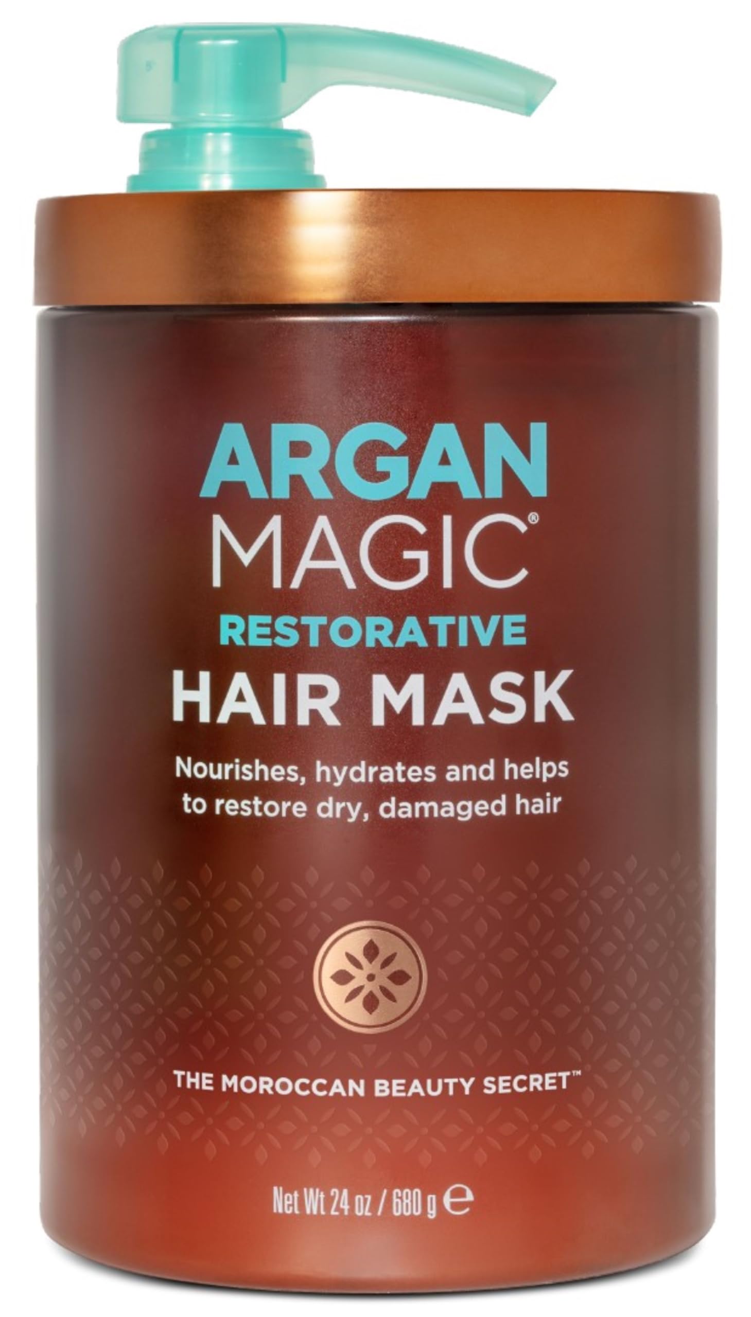 Argan Magic Mascarilla Restauradora, frasco visible, hidratación profunda para cabello dañado.