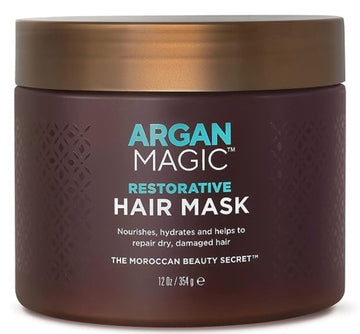 Argan Magic Restorative Hair Mask, envase 12 oz, ideal para hidratación diaria.