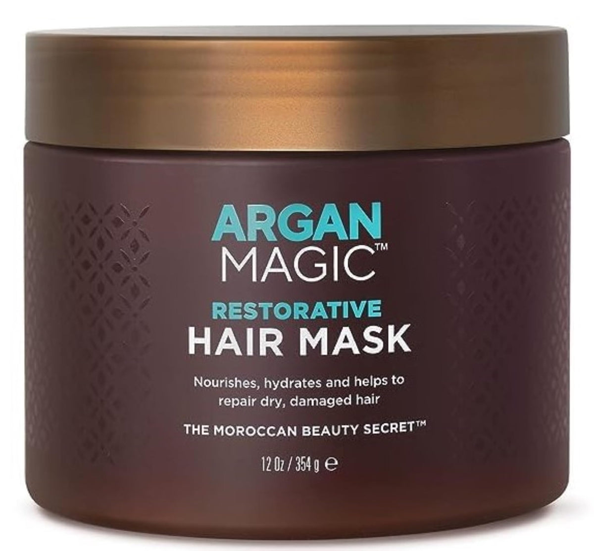 Argan Magic Restorative Hair Mask, envase 12 oz, ideal para hidratación diaria.