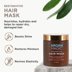 Argan Magic Restorative Hair Mask, textura cremosa, aporta brillo y definición suave.