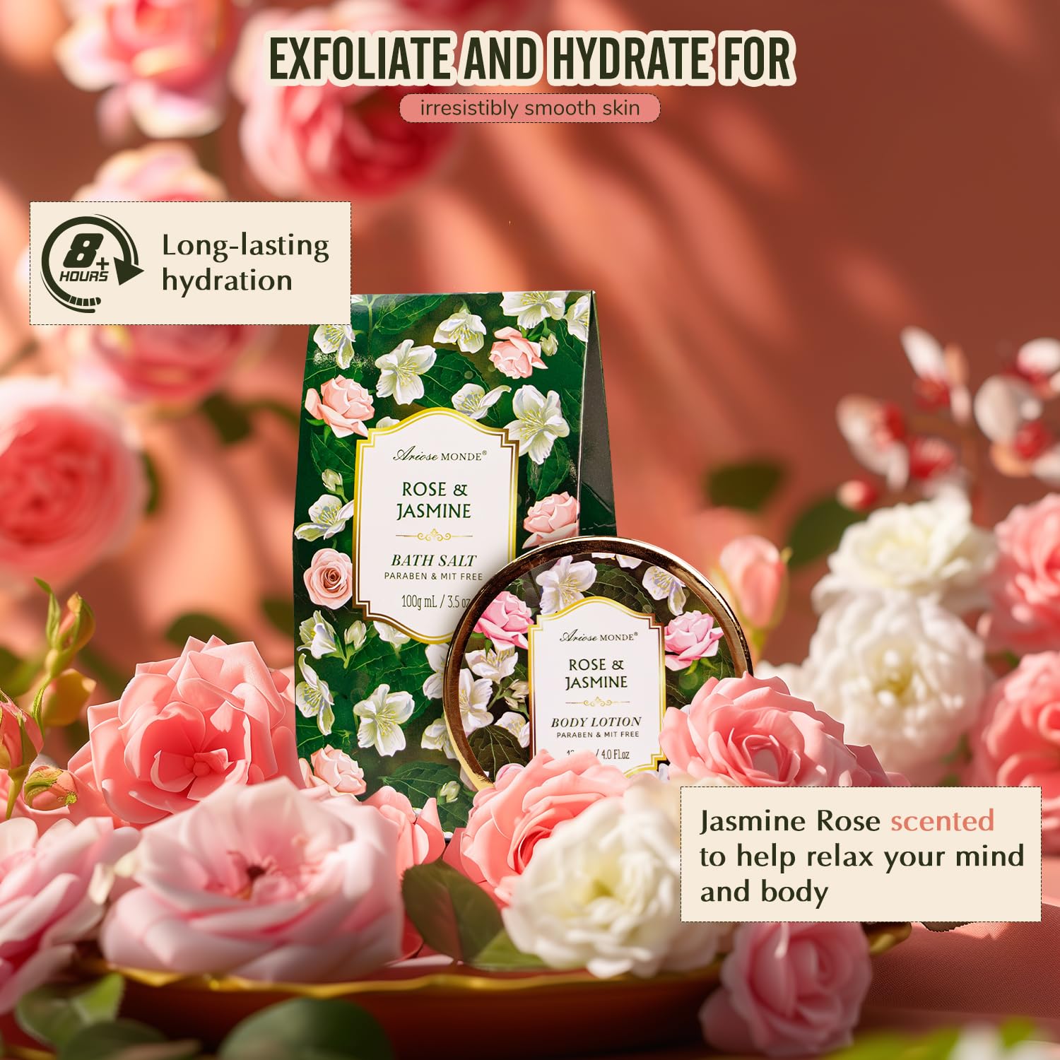 ArioseMonde aceite-corporal rosa-jazmín facilita masajes relajantes