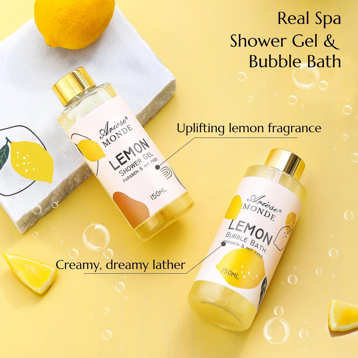 ArioseMonde baño-burbujas limón, experiencia suave para relajarte tras la ducha.