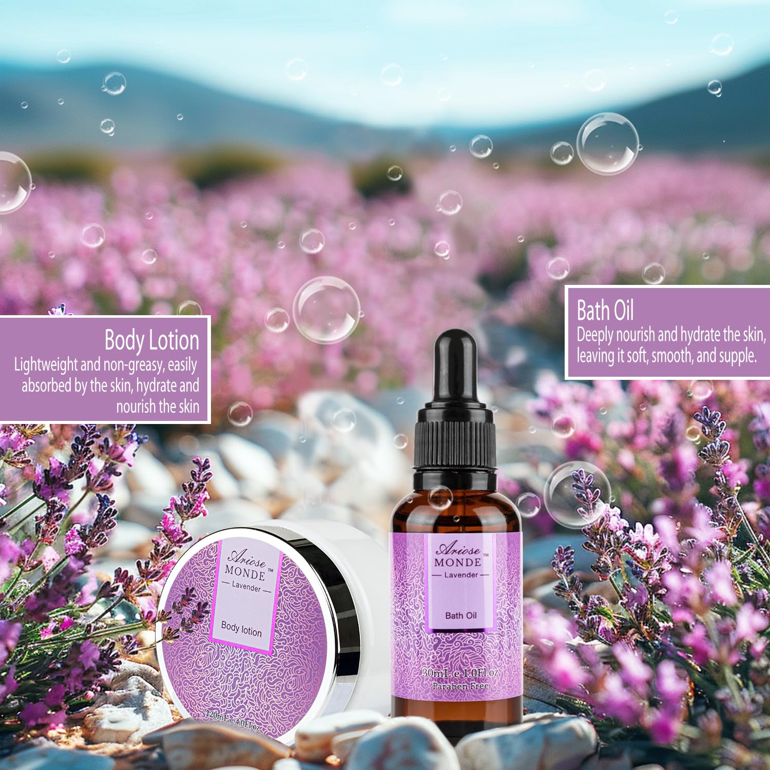 ArioseMonde lavender bath oil in the set for gentle pampering and moisture.