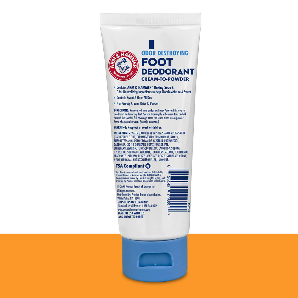 Arm & Hammer crema-polvo desodorante para pies, secado rápido sin residuo.