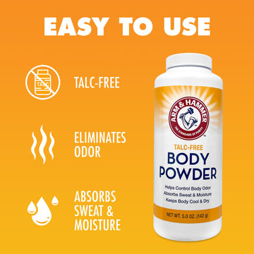 Arm & Hammer polvo corporal sin talco, enfoque en absorción de sudor para días activos.