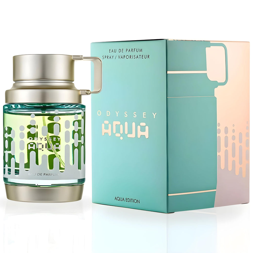 Armaf Odyssey Aqua EDP, etiqueta de fragancia, presentación elegante para caballeros