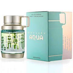 Armaf Odyssey Aqua EDP, etiqueta de fragancia, presentación elegante para caballeros