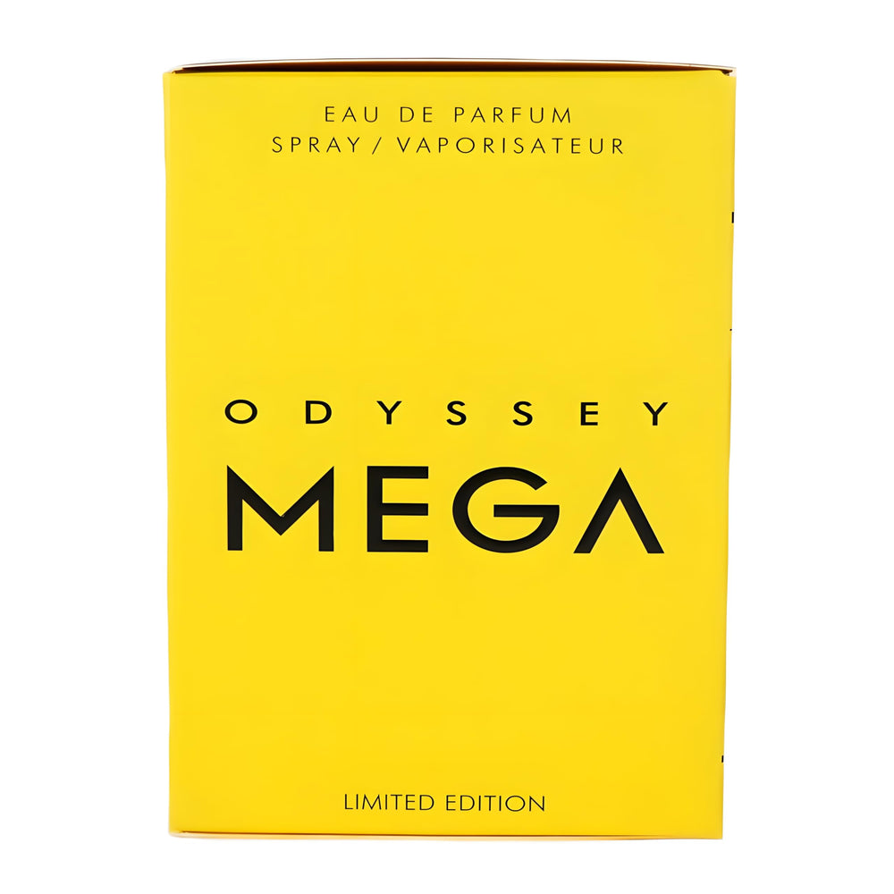 Detalle del frasco Odyssey Mega EDP Armaf, captura el lujo y la intensidad.