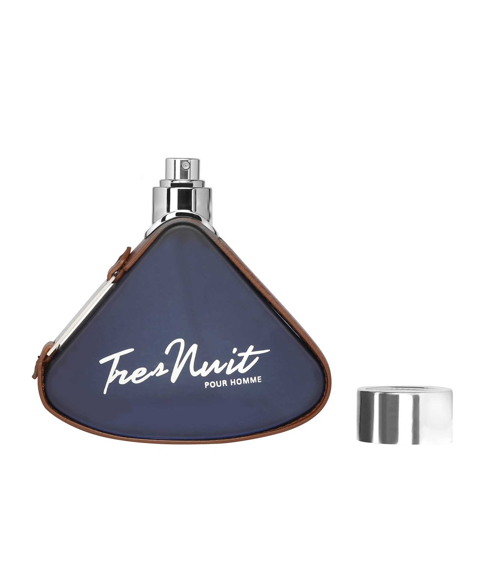 Armaf Tres Nuit Pour Homme, etiqueta frontal con diseño sofisticado.