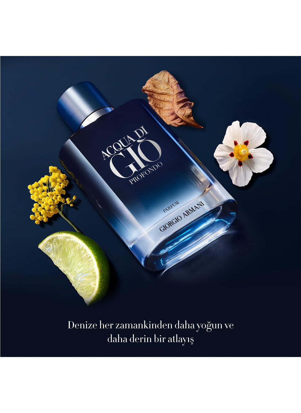 Armani Beauty Acqua di Gio Profondo frasco detalle etiqueta, lujo sutil para ocasiones especiales.