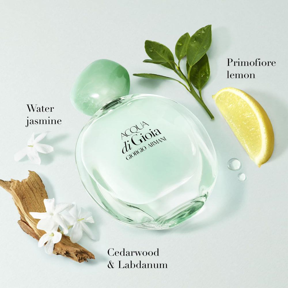 Armani Beauty Acqua di Gioia: detalle de etiqueta brillante y tapón verde para serenidad.