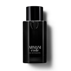 Armani Code botella frontal, fragancia ambarada para hombre, ideal para eventos nocturnos.