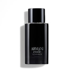 Armani Code Eau de Parfum, frasco frontal, aroma elegante para encuentros nocturnos.
