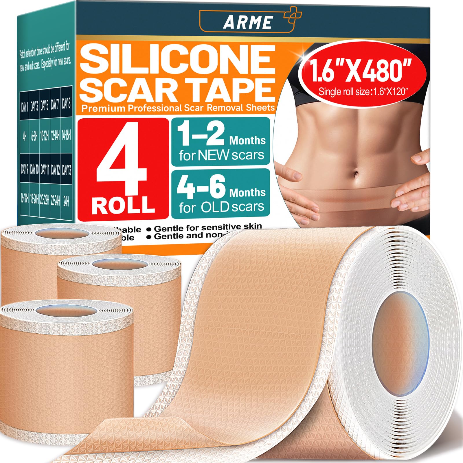 Arme: pack de 4 rollos de tira de silicona para cicatrices, cuidado continuo