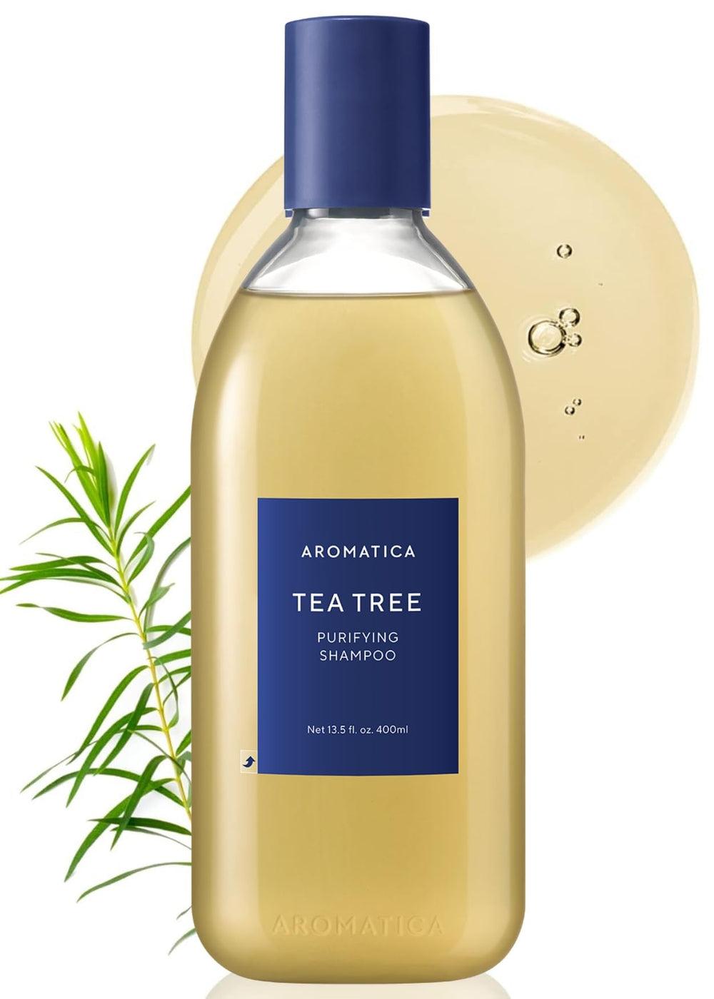 AROMATICA Clarifying Tea Tree Shampoo bottle front showing a clarifying cleanse for oily scalps