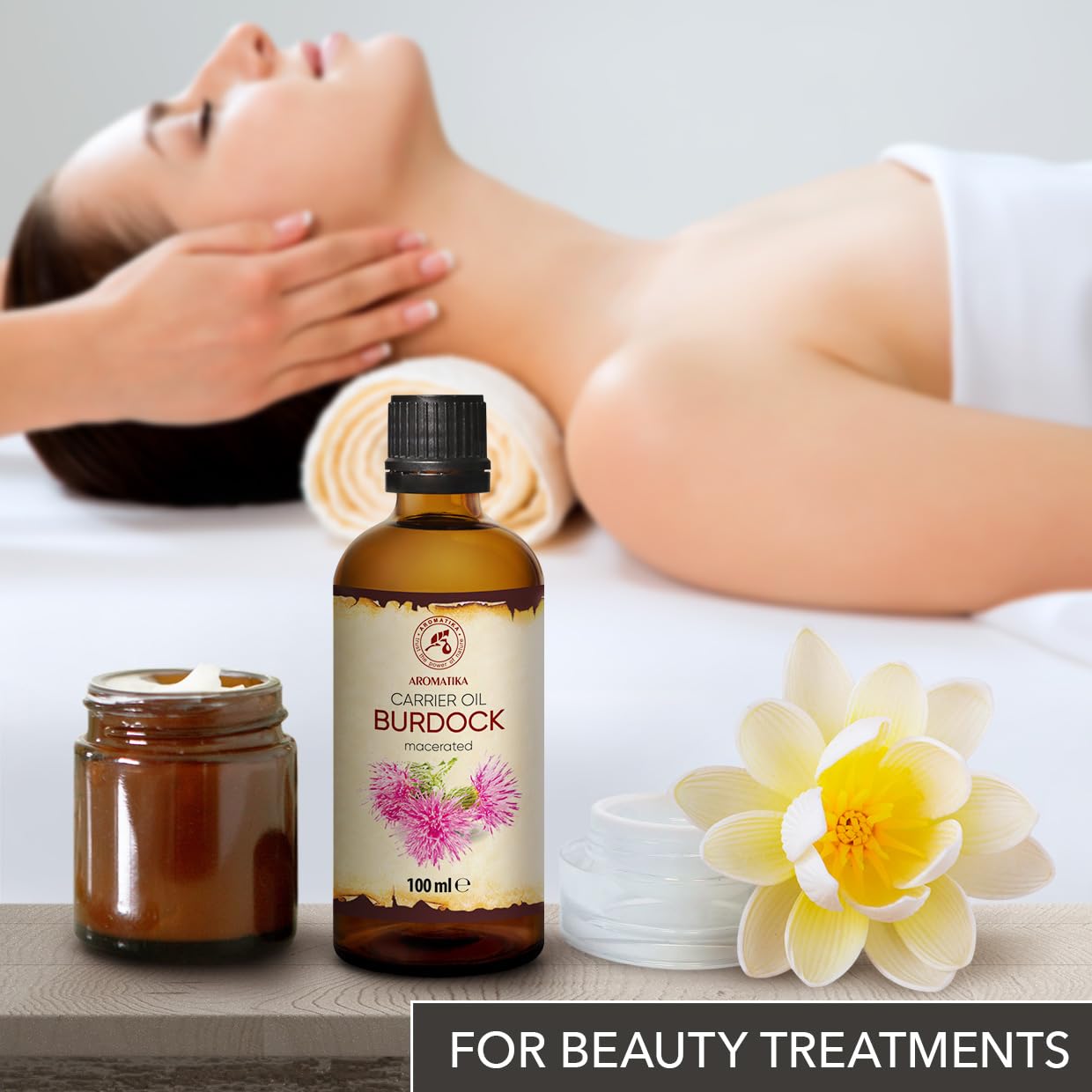 AROMATIKA Aceite de bardana para masajes y bienestar.