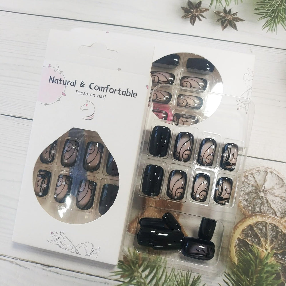 AROVFAM uñas acrílicas negras con forma cuadrada mediana, ajuste cómodo