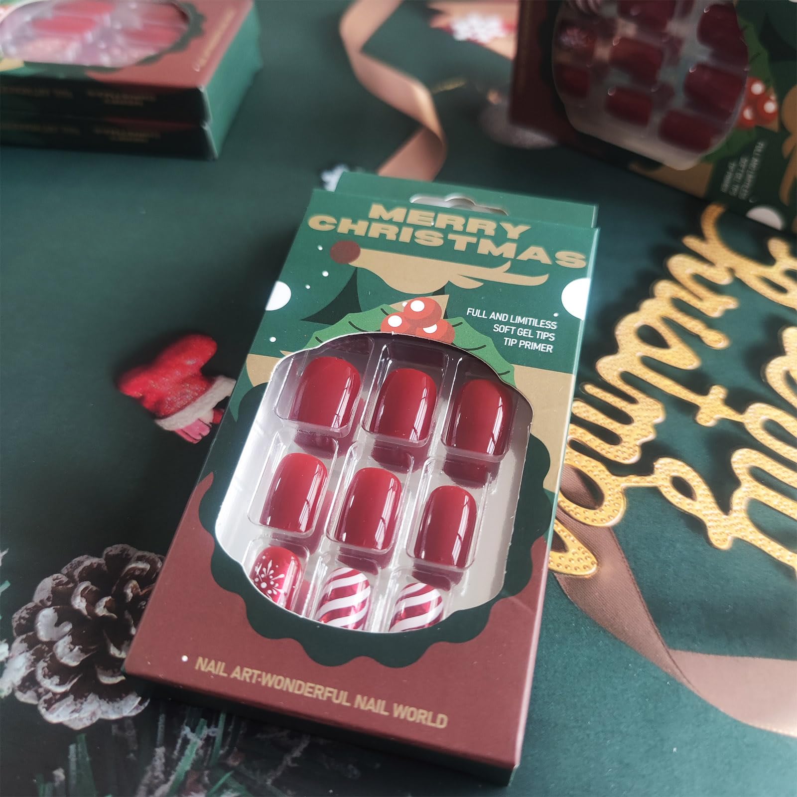 AROVFAM Uñas postizas para Año Nuevo, diseño de rayas caramelo.