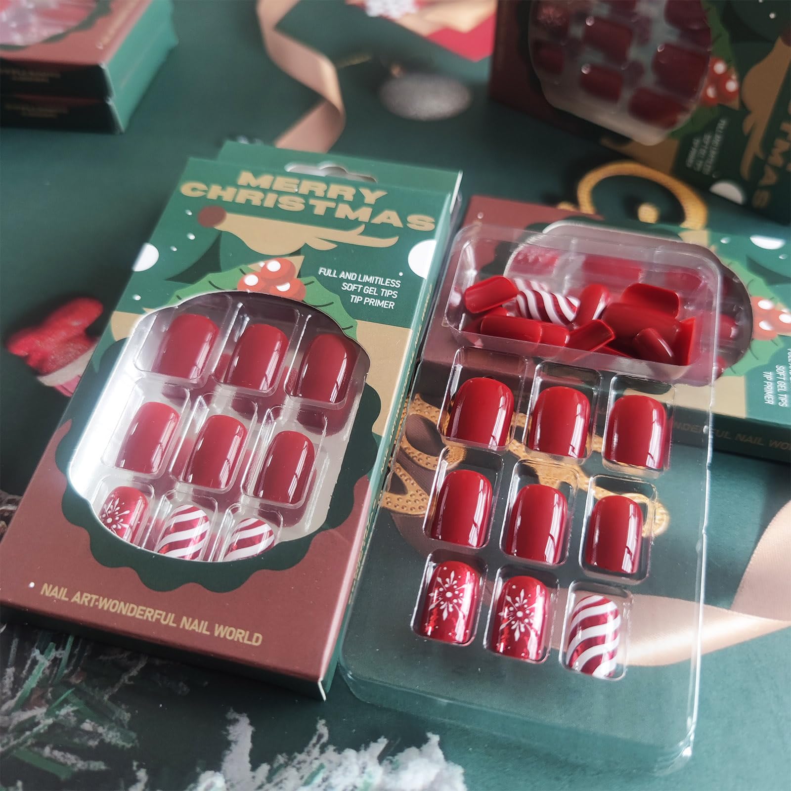 AROVFAM Uñas postizas detalle hielo nieve, toque navideño destacado.