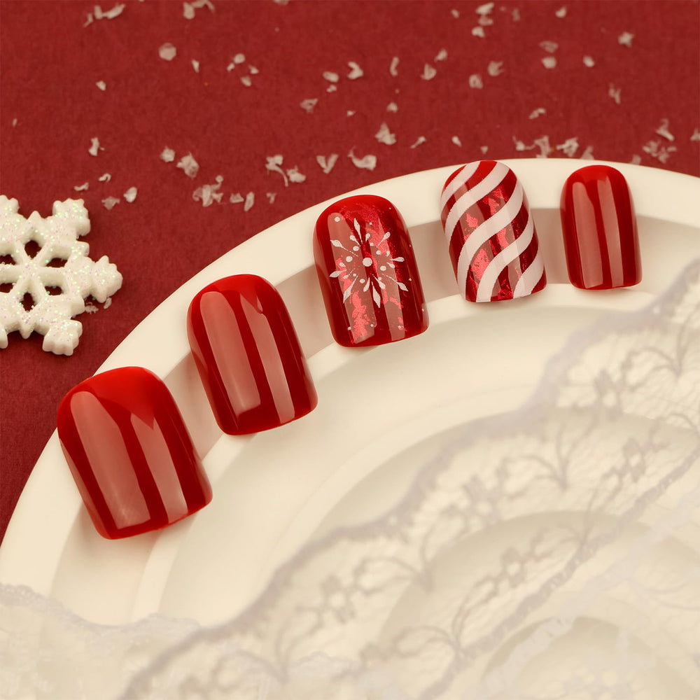AROVFAM Uñas postizas Navidad rayas caramelo, estilo festivo y fácil aplicación.