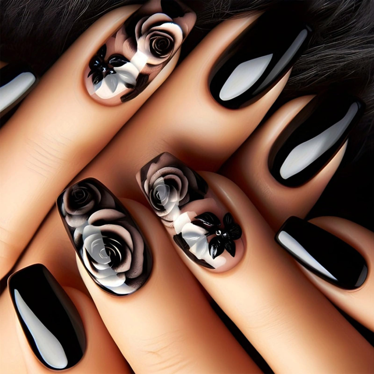 AROVFAM Uñas prensadas con flor rosa en negro brillante, estilo elegante para noche.