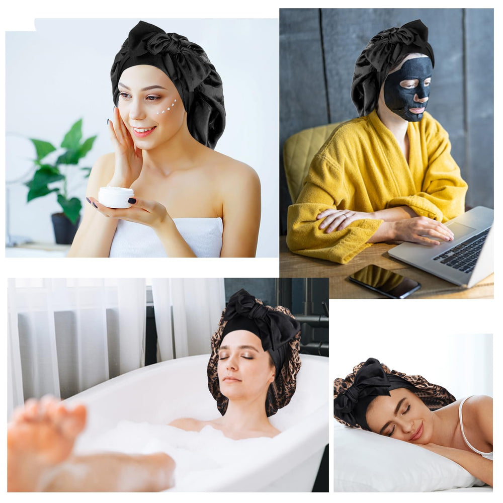 Bonete de Arqumi leopard modelo durmiendo protege el cabello