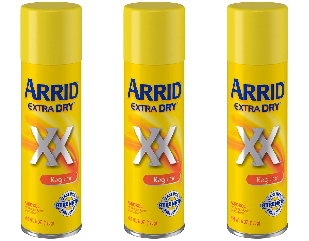 Arrid Extra Dry desodorante en aerosol Regular en paquete de tres para uso diario.