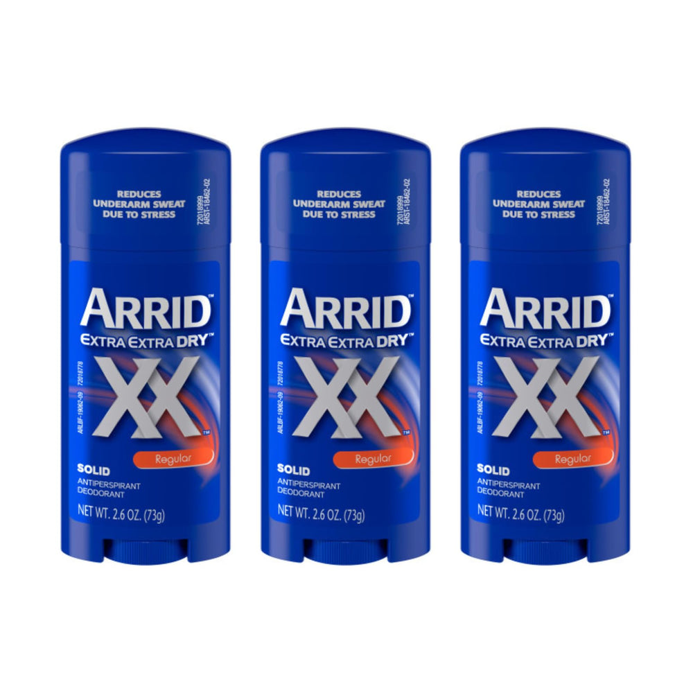 ARRID XX anti-perspirant solid 2.6 oz pack of three for all-day dryness.