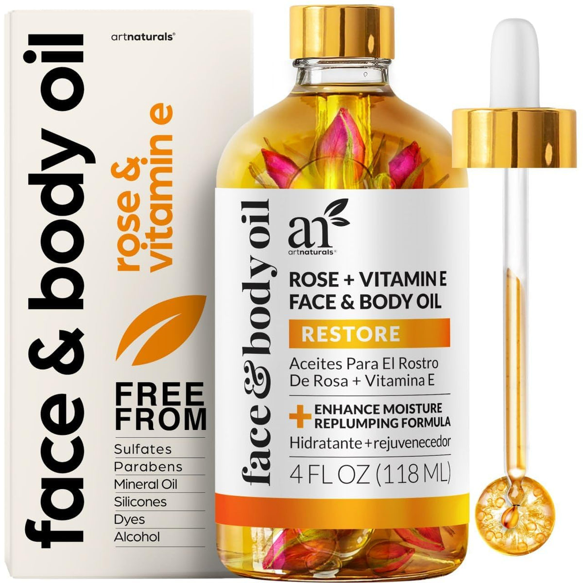 Artnaturals Aceite de Rosa Orgánico 4oz en botella para hidratación profunda.