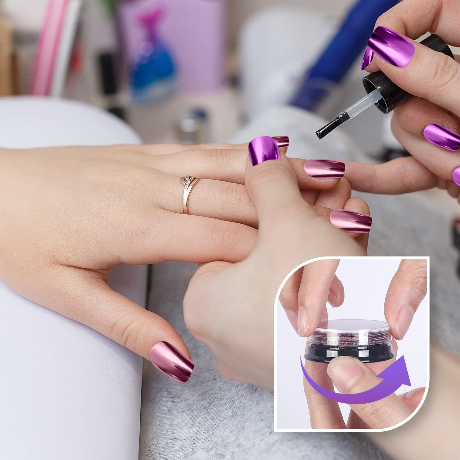 Application poudre chrome Artdone avec gel pour une finition lustrée.
