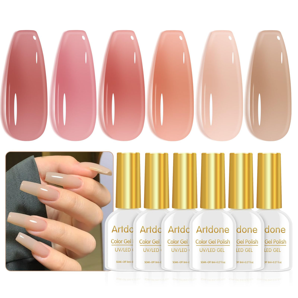 Artdone es esmalte gel translúcido en 6 colores para un acabado natural.