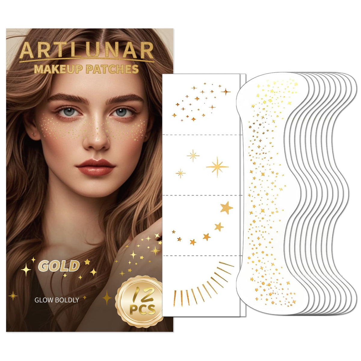 Artlunar parches dorados para cara y cuerpo, brillo suave para cualquier ocasión.