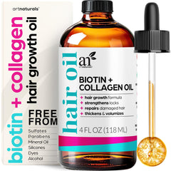artnaturals aceite capilar biotina-colágeno, goteo de la botella para promover crecimiento y fortaleza.
