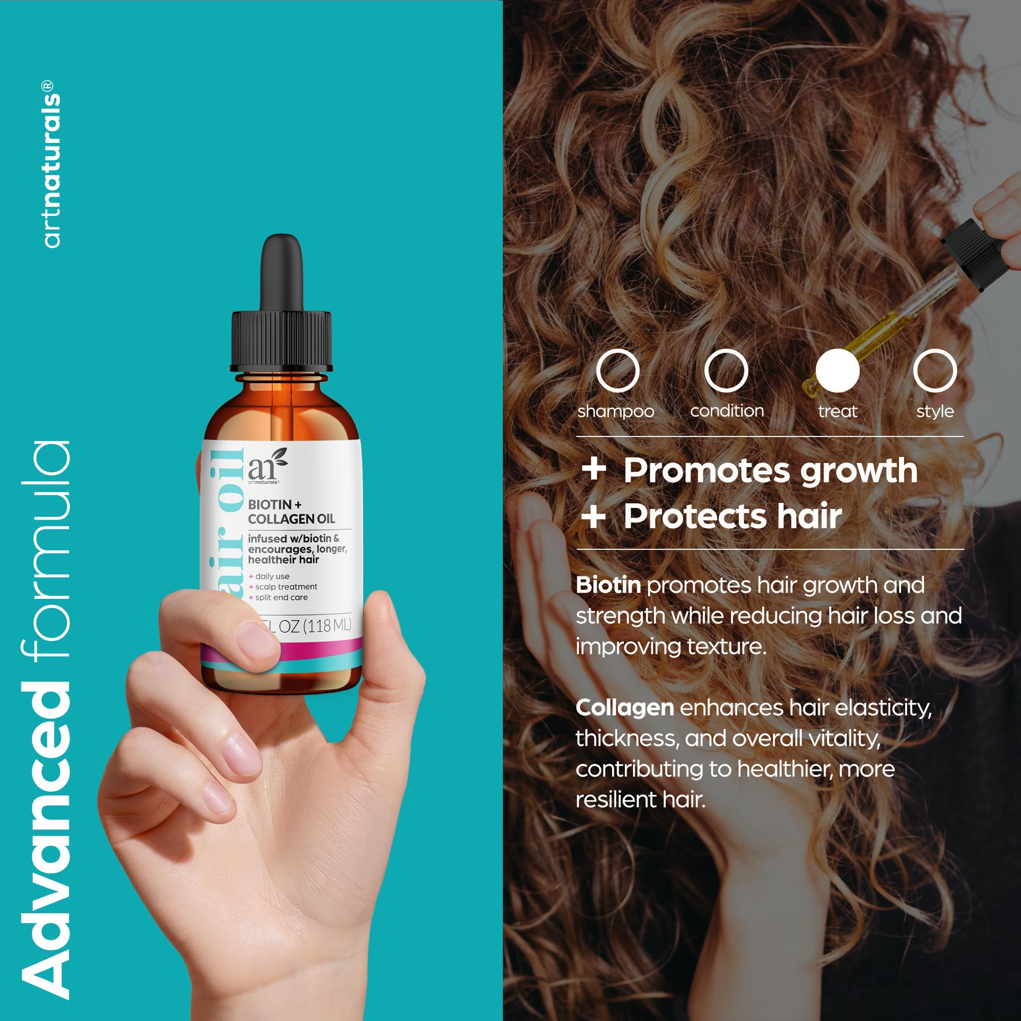 artnaturals aceite capilar biotina-colágeno, cabello humedecido y con brillo natural.