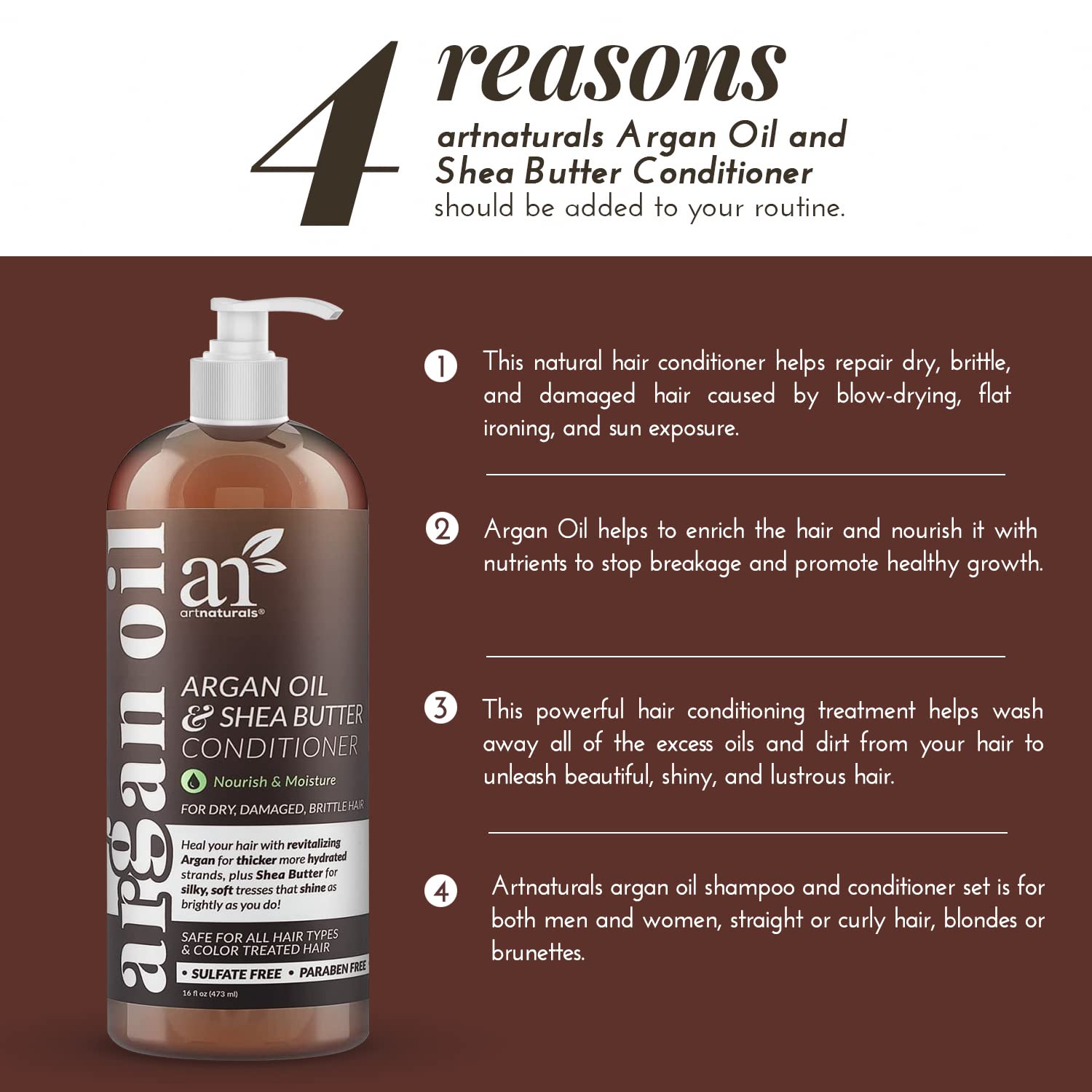 Artnaturals Acondicionador de Argán, cabello dañado recupera brillo y suavidad.