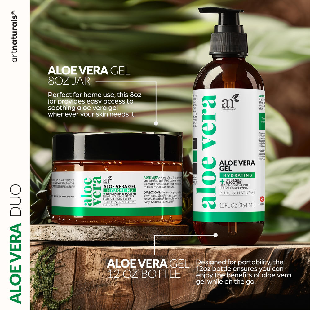 Artnaturals Aloe Vera Gel Set en tarro de 8 oz para aplicaciones focalizadas.