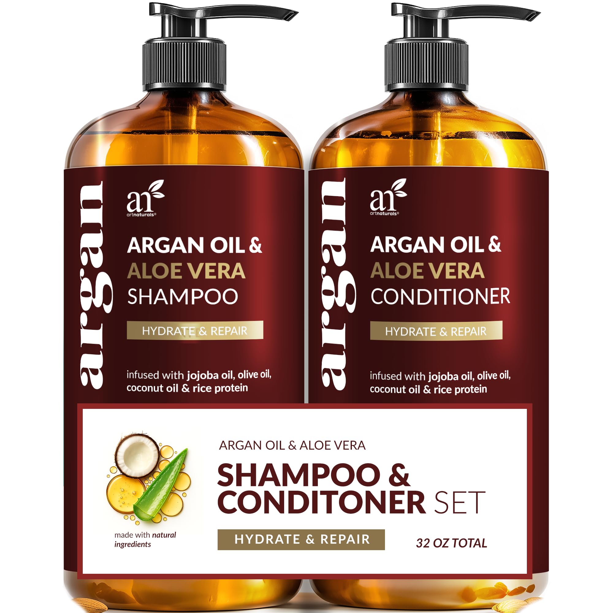 Artnaturals argan oil shampoo bottle highlights nourishment for all hair types.