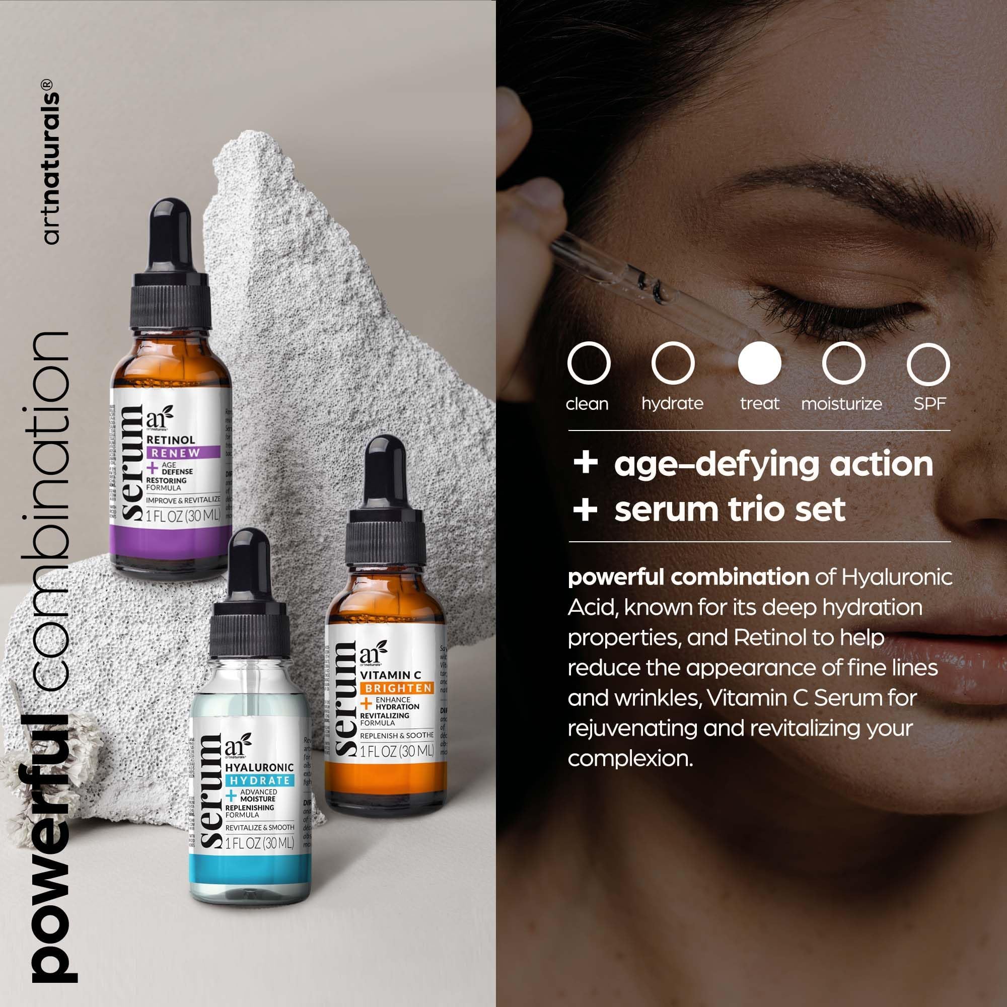 Artnaturals sérums vitamine C, hyaluronique pour éclat et hydratation.