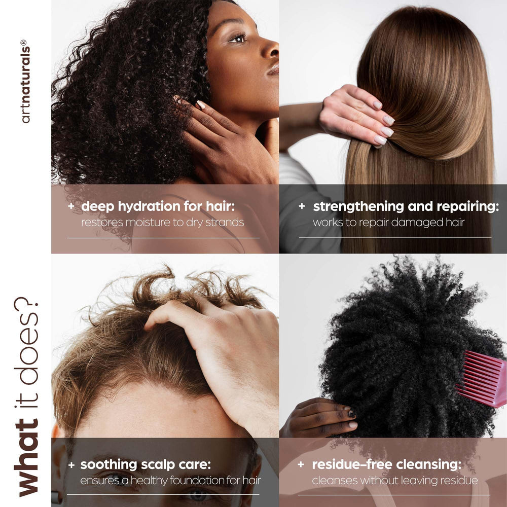 Two sulfate-free bottles displayed in packaging suggest universal care for all hair types.