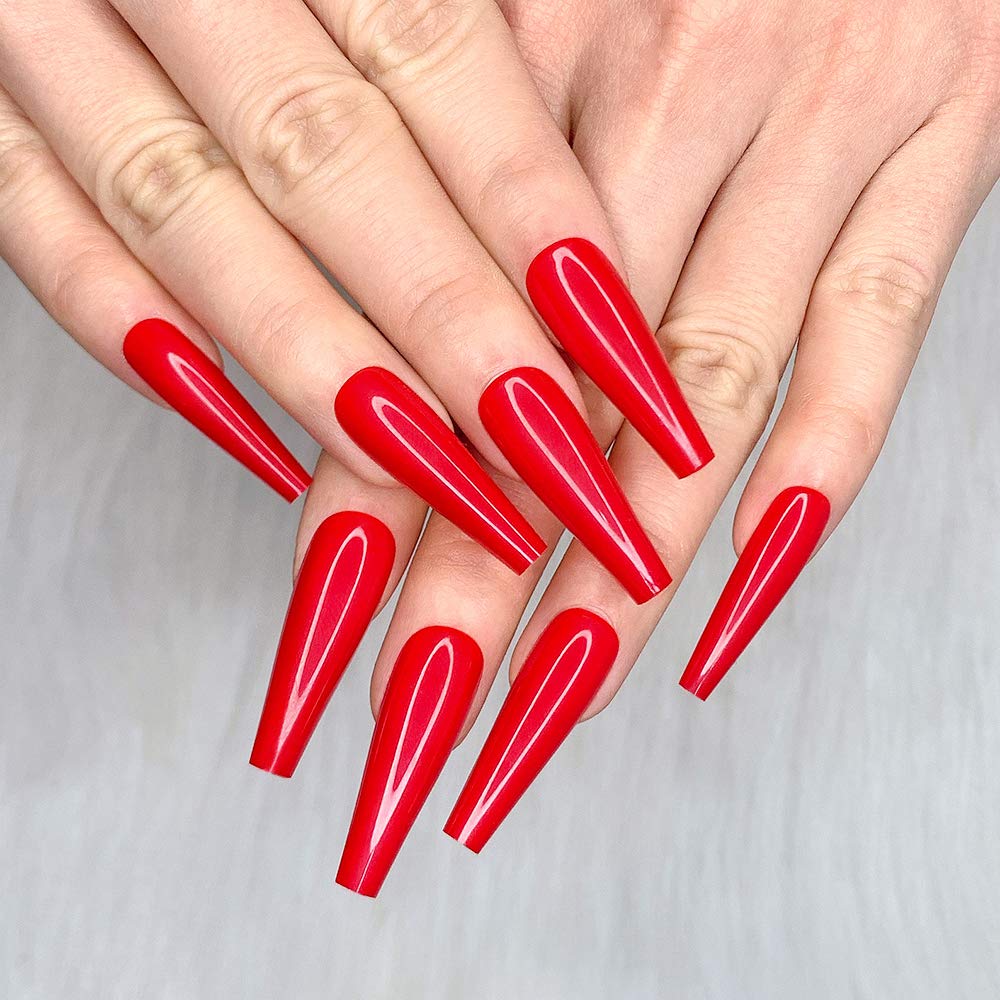 Artquee uñas falsas rojas, forma ballerina larga, brillo duradero para ocasiones.