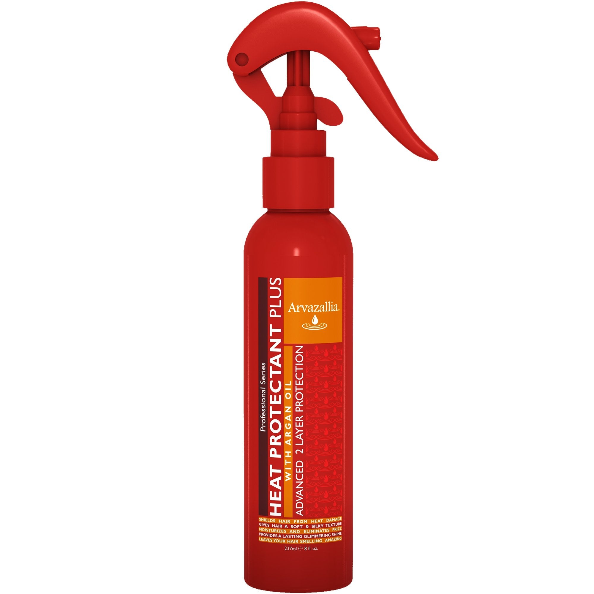 Arvazallia Heat Protectant Spray bottle with argan oil for heat protection and shine.